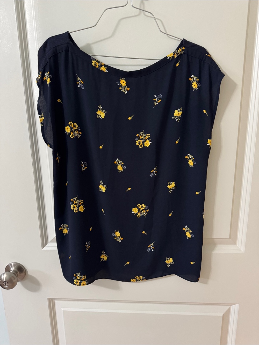 LOFT Navy Short Sleeve Blouse with Yellow Floral Print